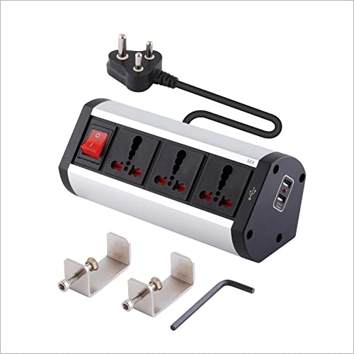 Image of MX Premium Power Console 16A - 6 Universal Sockets (3 Outlets + 2 USB) with Removable Desk Clamp Power Strip, Master Switch, 1.5m Cord, Overload Protection for Home & Office