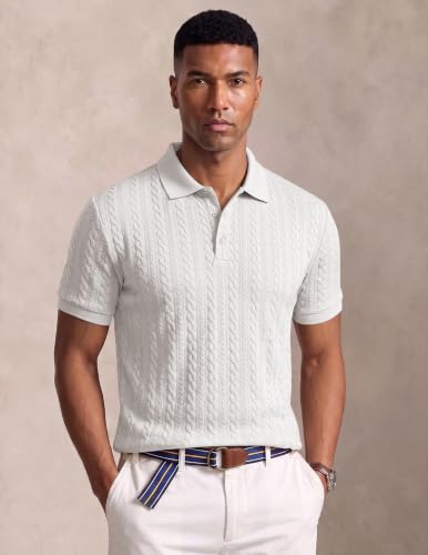 Image of JMIERR Men's Cable Knit Polo Shirts Elasticity Short Sleeve | Men's cable knit polo shirt with elasticity, machine wash, short sleeve, breathable textured knit for spring summer