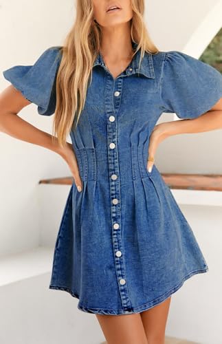Denim Dress for Women Puff Sleeve Mini Jean Dresses for Women 2025 Summer Casual Denim Dress2