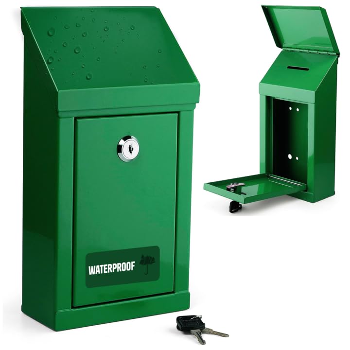 My Charity Boxes Metal Donation Box & Collection Box Office Suggestion Box Secure Box With Top Coin Slot and Lock Included with 2 Keys - Easy Wall Mounting or Counter Top Use (Green Waterproof) — image 1