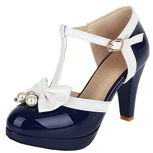 Image of Elbslutt Women's Cute Retro Rockabilly Shoes T Strap Mary Janes Heels Chunky Cosplay Shoes Sweet Block Heeled Bow Pumps