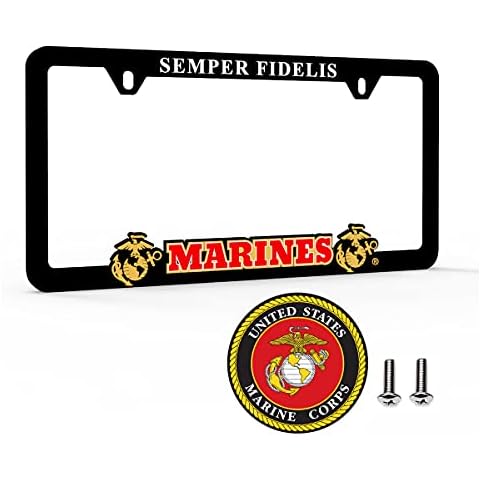 Officially Licensed Marine Corps USMC Car License Plate Frame/Universal Fit/Weatherproof ABS Plastic/Decal and Mounting Screws Included/ Cover