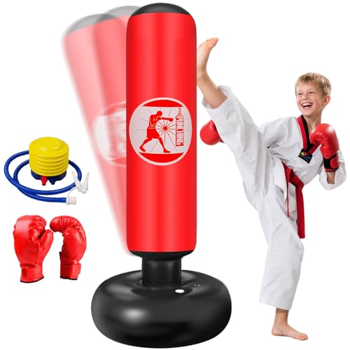 Sac de Boxe Enfant, Ninonly 160cm Sac de Frappe sur Pied Gonflable avec Pompe à Air et Gants de Boxe, Punching Ball Set Cadeau pour Garçons et Filles 3-12...