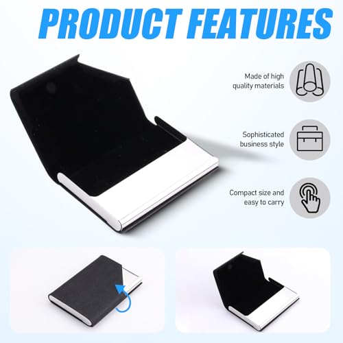 3 Pcs Black PU Leather Business Card Case with Magnetic Closure, Stainless Steel Business Card Holder, Business Card Wallet for Women Men (Black)3