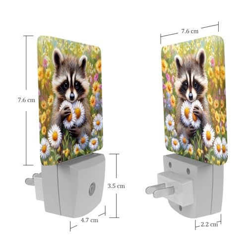 Image of NEWzone Raccoons Daisy Night Light Set of 2, Auto Sensor LED Dusk-to-Dawn Nightlights, Plug-in Sensor Lamp for Bedroom Bathroom Kitchen Hallway Stairs Decorative