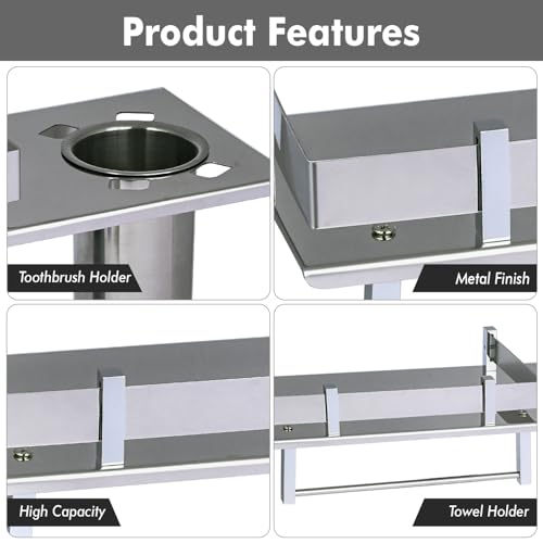 Image of Zureni 3-in-1 Shelf Rack for Bathroom 304 Grade Stainless Steel Towel Hanger Multipurpose Toothbrush Holder Wall Mount Accessories Storage Stand Home Washroom (1pc, 24 inch)