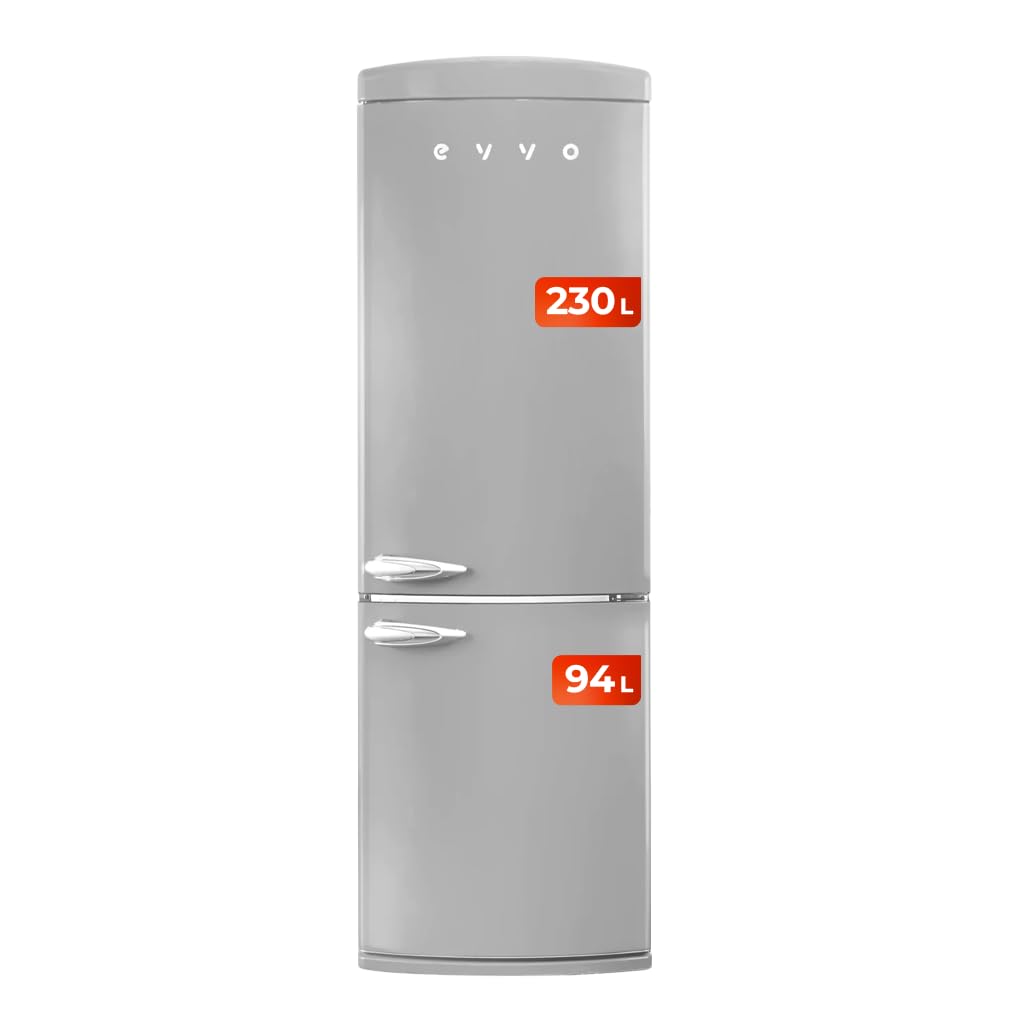 EVVO Frigorífico combi, Diseño Retro, No Frost, Capacidad Frigorífico 230L y Congelador 94L, Libre de Gas CFC, Refrigeración Turbo Fan, Crisper Zone, Control manual (F60 Retro Color Gris)