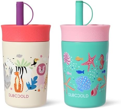 DLOCCOLD 12 oz Insulated Stainless Steel Straw Tumbler, Reusable Sippy Cup With Leak-Proof Spill Resistant Flexible Straw Lid, Cups, Easy to Clean, Water Bottle, Great for Travel, Home (2 Pack)