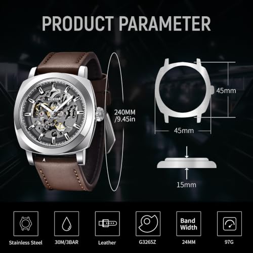 Image of Benyar Automatic Watches for Men | Skeleton Mechanical Leather Strap Mens Watch | 45mm Dial | 30M Waterproof | Men's Stylish Gift