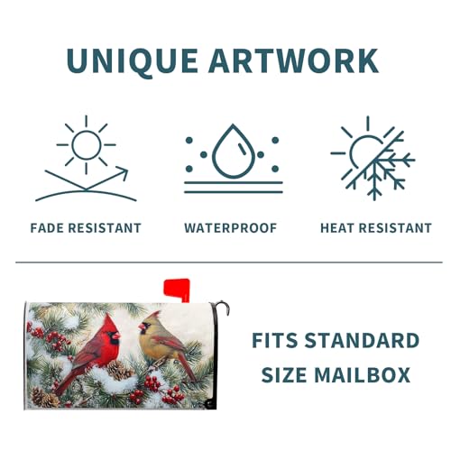 Image of Winter Cardinal Birds Mailbox Covers Magnetic Standard Size 21x18in Christmas Decoration Mailbox Wraps Post Letter Box Cover for Home Garden Outdoor Yard
