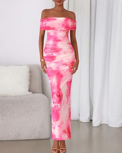 Image of BTFBM Cocktail Dresses for Women 2026 Elegant Classy Off Shoulder Bodycon Mesh Slit Floral Maxi Spring Summer Dress