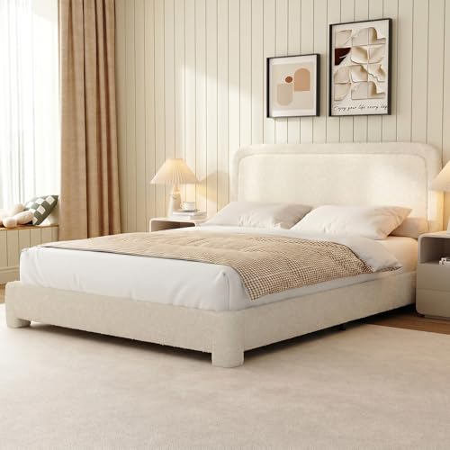WEUP Queen Size Boucle Bed Frame, Modern Cream Bed Frame with Headboard, Soft Rounded Corners, No Box Spring Required, Adjustable Headboard, Easy Assembly
