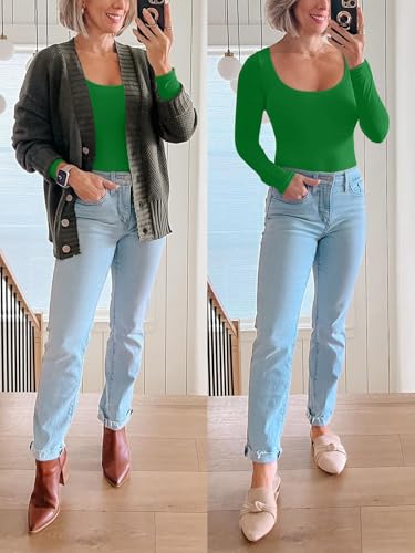 REORIA Womens Basic Sexy Scoop Neck Long Sleeve Leotards Fashion Fall Outfits Double Lined Layering Slim Soft Bodysuits Tops White X-Small — view 5
