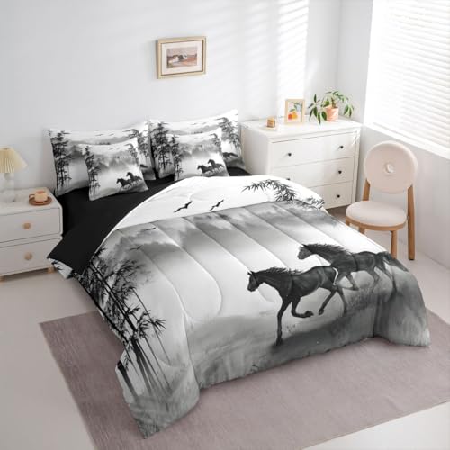 Image of Galloping Horse Full Size Bed Sheets and Comforter Set | Cowboy Farm Animal 7 Piece Bedding Set Smoky Mountain Western Bed in a Bag,Black and White Ink Painting Plant Rainforest Folk Retro Room Decor
