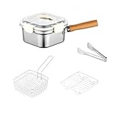 Square Fryer in Stainless Steel - Compact Frying Pot with Lid, Square Muliti Fuctional Pot with Basket Tong and Steamer Rack, All in one pot for frying steaming cooking and fresh-keeping (5-piece set)
