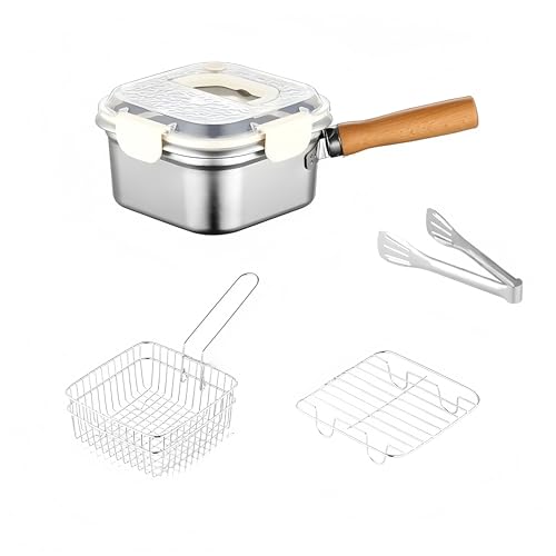 Square Fryer in Stainless Steel - Compact Frying Pot with Lid, Square Muliti Fuctional Pot with Basket Tong and Steamer Rack, All in one pot for frying steaming cooking and fresh-keeping (5-piece set)