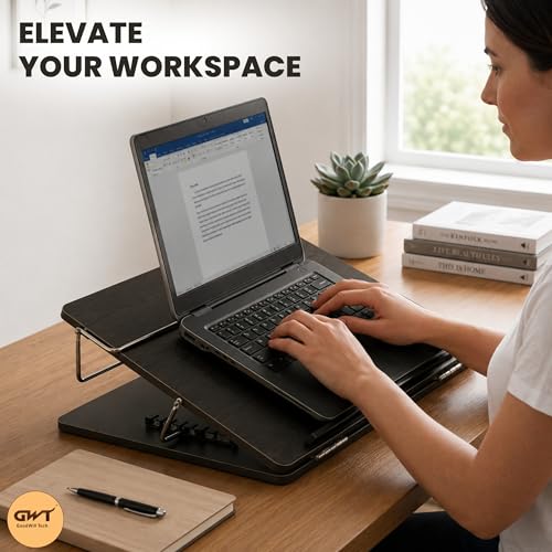 Image of Goodwill Tech Wooden Laptop Desk Table Top with Adjustable Height, Foldable, Writing, Drwaing Desk Stand for Study, Office (Black, 15 x 21 inches)