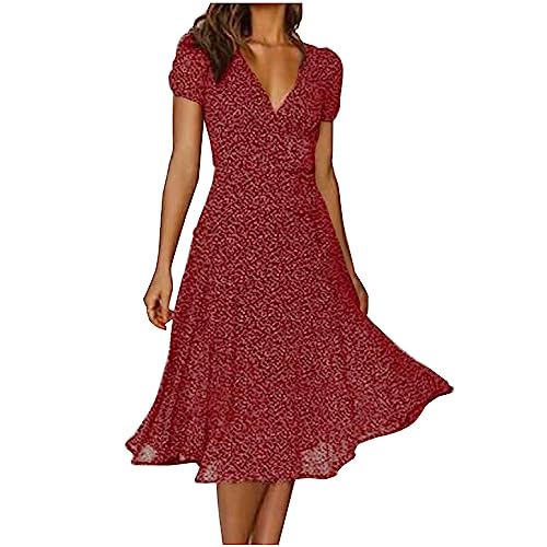 Robe d'été col en V rouge profond grande taille L pour femme