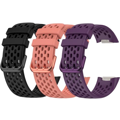 Replacement Band Fit for Fitbit Charge 5/ Fitbit Charge 6, Breathable Sport Band Soft Silicone Waterproof Wristbands Strap -Black, Pink, Purple (3 PCS)