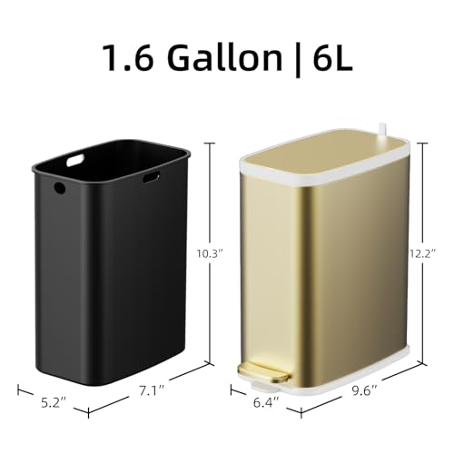 Image of KdbK Champagne Gold Bathroom Trash Can with Lid Soft Close,1.6 Gallon Slim Garbage can,Small Metal Step Wastebasket for Office, Bedroom, Toilet, Live Room