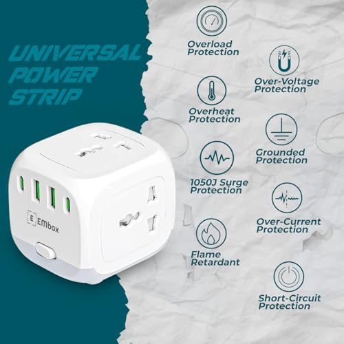 Image of Embox 20W Extension Board 5 Meter Cable | 2500W Extension Cord with 4 Universal Sockets & 6 USB Ports(3 Type A+3 Type C)| Extension Board with USB Surge Protector Safety Shutter LED Indicator