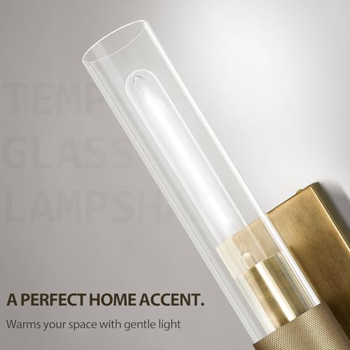Image of 22.8 inch Knurled Brass Wall Sconces, 2-Light Dimmable Modern Lamp Lighting, Bronze Wall Lighting with Glass, Gold Vanity Light Fixtures Tube Sconce for Bedroom, Living Room, Hallway, Mirror, Kitchen