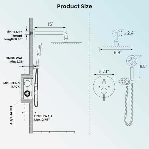 Système de douche haute pression jet pluie avec mitigeur mural