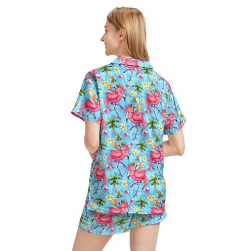 Image of Funny Pajamas for Women Set Print Satin Loungewear Pjs Short Sleeve Button Down Top and Shorts Sets Sleepwear XS-3XL