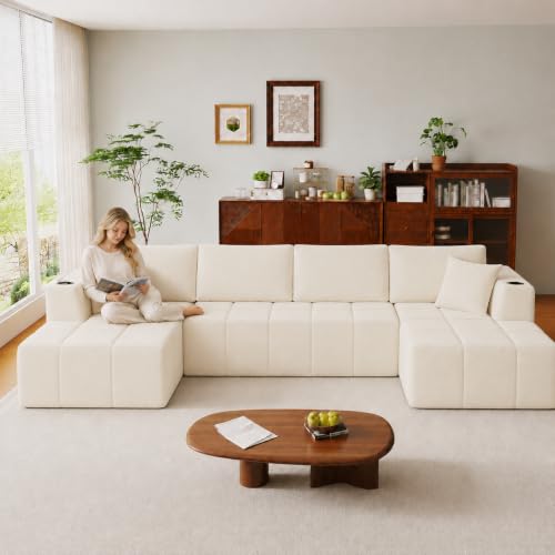 Image of KCGKCG 132 inch U Shaped Chenille Cloud Couch - No Assembly Required, Beige