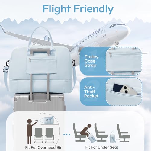 Image of Travel Duffle Bag,Weekender Bags for Women with Shoe Compartment Personal Item Travel Bag Carry on Overnight Bags For Airplanes Gym Duffel Bag with Wet Pocket Hospital Bag for Labor and Delivery Blue
