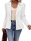 Imysty Women's Casual Blazer Jackets Puff Sleeve Single Button Open Front Notch Lapel Work Office Peplum Blazers White