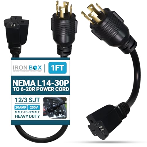 IronBox Electric NEMA L14-30P to 6-20R Power Cord Plug Adapter - 20A, 250V, 12/3 SJT - UL Listed Extension Cable - Heavy Duty Plug and Connector for Generator, Camper, Data Center & More (1ft, Molded)