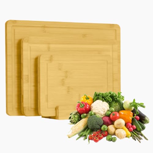 Bamboo Chopping Board Set of 3 with Holder, Different Sizes, Wooden Cutting Boards and Serving Tray, Thick and Durable Boards for Kitchen Use, Ideal for Meat, Veggies, Fruits, Dishwasher Safe