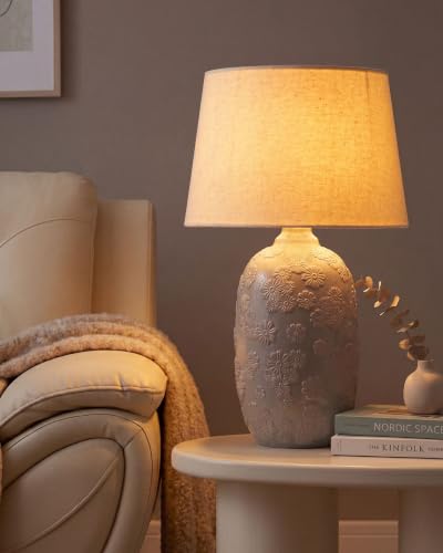 Tischlampe 46 cm Keramik grau Stoffschirm beige Kabel mit Schalter Ferrey – Bild 2