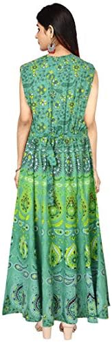 Indian 100% Cotton Vintage Block Print Long Mandala Dress for Women Green, XX-Large