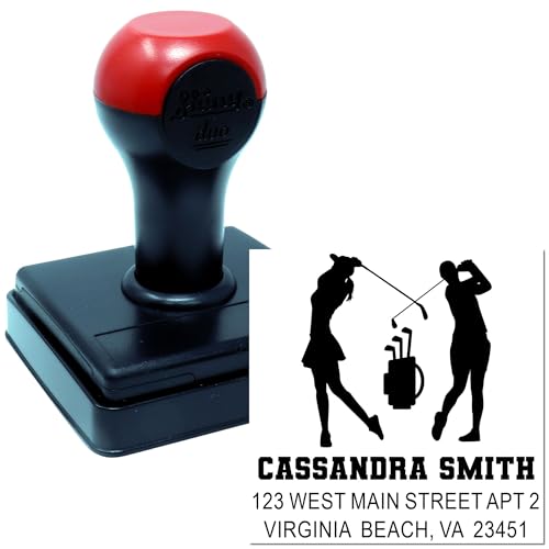Image of Handheld Golf Swing Silhouettes Duo Hand Rubber Stamp - Personalized Stamp | Duo Hand Stamp. Any standard pad works. Golf Course Stamp. 1-5 /8 inch square imprint. Up to 50 characters per line.