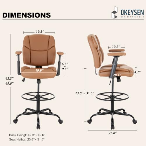 Image of Okeysen Drafting Chair Standing Desk Chair, 500 LBS Leather Big and Tall Office Chair with Adjustable Armrests & Foot Ring, Modern Tall Desk Chair with Mid Back, Swivel Rolling Drafting Stool.