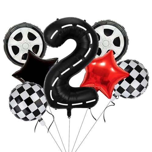 Race Car Birthday Balloons Decorations, 40 Inch Racetrack Black Number 2 Balloon, Large Mylar Black 2 Balloon for 2st Birthday Race Car Theme Party Decor Supplies 7 Pcs