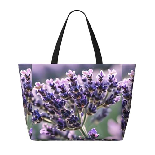 Lavender Flower Print Beach Tote Bag Waterproof Large Bags With Zipper Big Capacity For Vacation Travel2