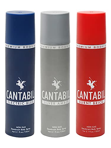Image of Cantabil Silver Amber, Electric Blue, Burnt Brick Unisex No Gas Deodorant Body Spray | Combo Of 3 X 150ml With Mint, Lemon, Citrus | Perfume Deo For Men & Women | Rakhi Gift for Brother