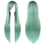 Women's 32' Mint Green Long Straight Full Wigs Costume Synthetic Hair Hairpieces with Oblique Bangs for Halloween Anime Cosplay Party Girl Women +Wig Cap