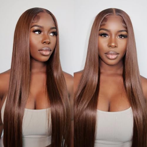 BLY Brown Lace Front Wigs Human Hair 13x4 HD Transparent Lace Wig #4 Chocolate Brown Color Straight Wig Pre Plucked with Baby Hair Glueless Wig 180% Density Thick Hair 28 Inch