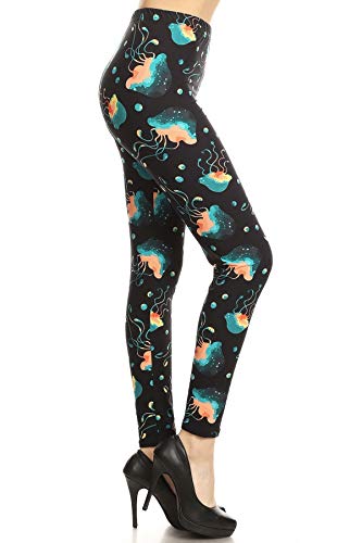 Leggings Depot High Waisted Camouflage & Multiple Print Leggings for Women-Full Length-R951, Jumpin' Jellyfish, One Size