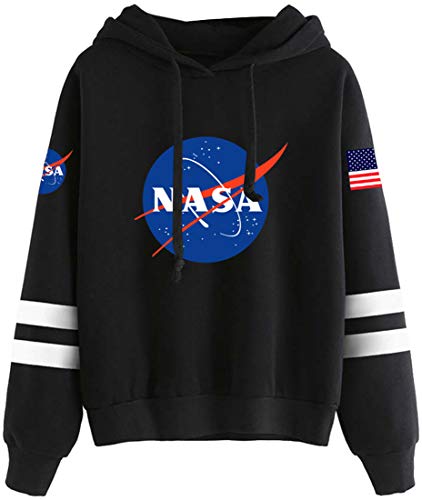 FLYCHEN Women's NASA Logo Hoodie National Space Administration Sweatshirt Black L