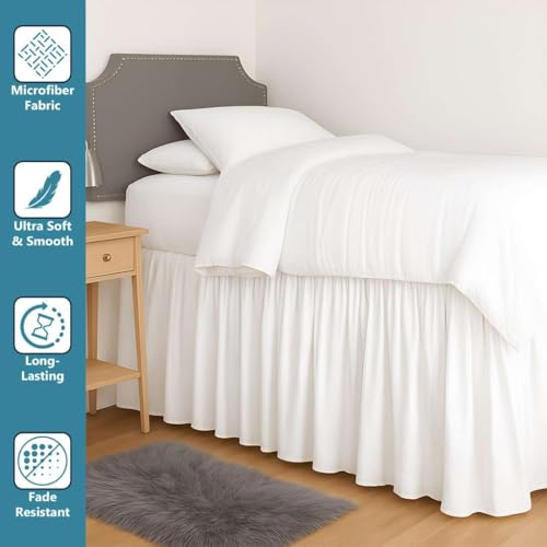 White Dorm Bed Skirt, Twin XL 46 Inch Drop, Extra Long Ruffled with Split Corner, College Room Essentials by Ready To Rest - Used condition - Image 3