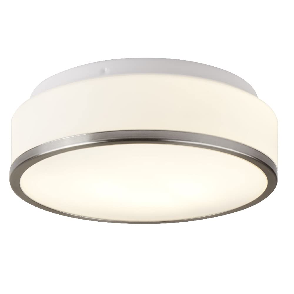 Britalia Satin Silver Chrome Trim & Opal Glass Shade Bathroom Modern Round Flush Ceiling Light 290mm | 2 x E27 ES Lamp Bulbs Required (Not Included) | IP44 Rated | Suitable for Outdoor Use