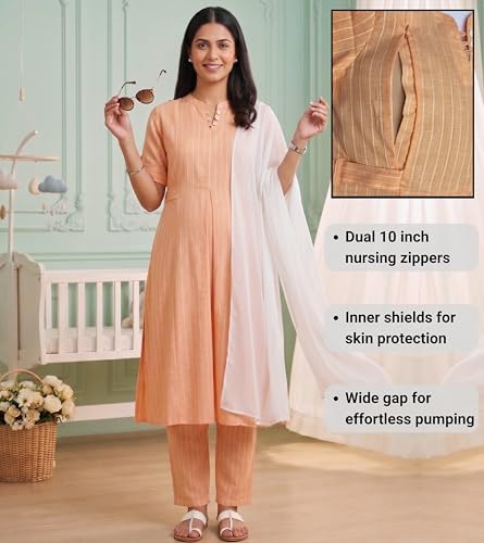 Image of DUMMY SHAPE Feeding Dresses for Women Full Set | Cotton Blend Maternity Kurta Pant Suit with Dual Nursing Zippers, Side Pocket to Pre & Post Pregnancy | Mom to Be Gifts