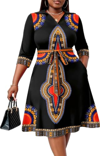 FANDEE African Midi Dress for Women V Neck for Wedding Guest Cocktail Party African Print L