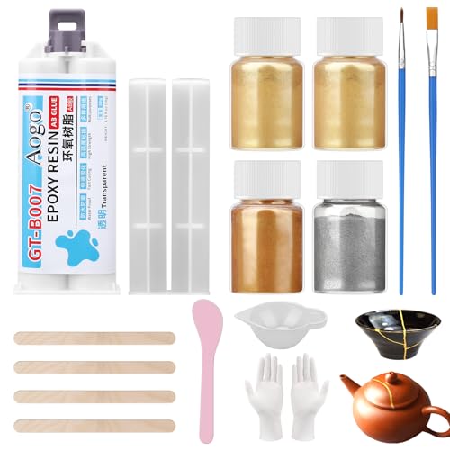 Kintsugi Juego de reparación, pegamento de porcelana dorada para reparación, cerámica rota, vidrio, platillos, pegamento de cerámica reparación, regalos significativos y artesanías, perfecto para