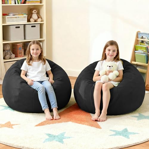Image of HABUTWAY 2FT Bean Bag Chair 2-Pack, 2' Beanbags Small Bean Bag Chairs with Filling, Teardrop Bean Bag Chair Luxurious Velvet Ultra Soft Fur with Removable Cover(Black)